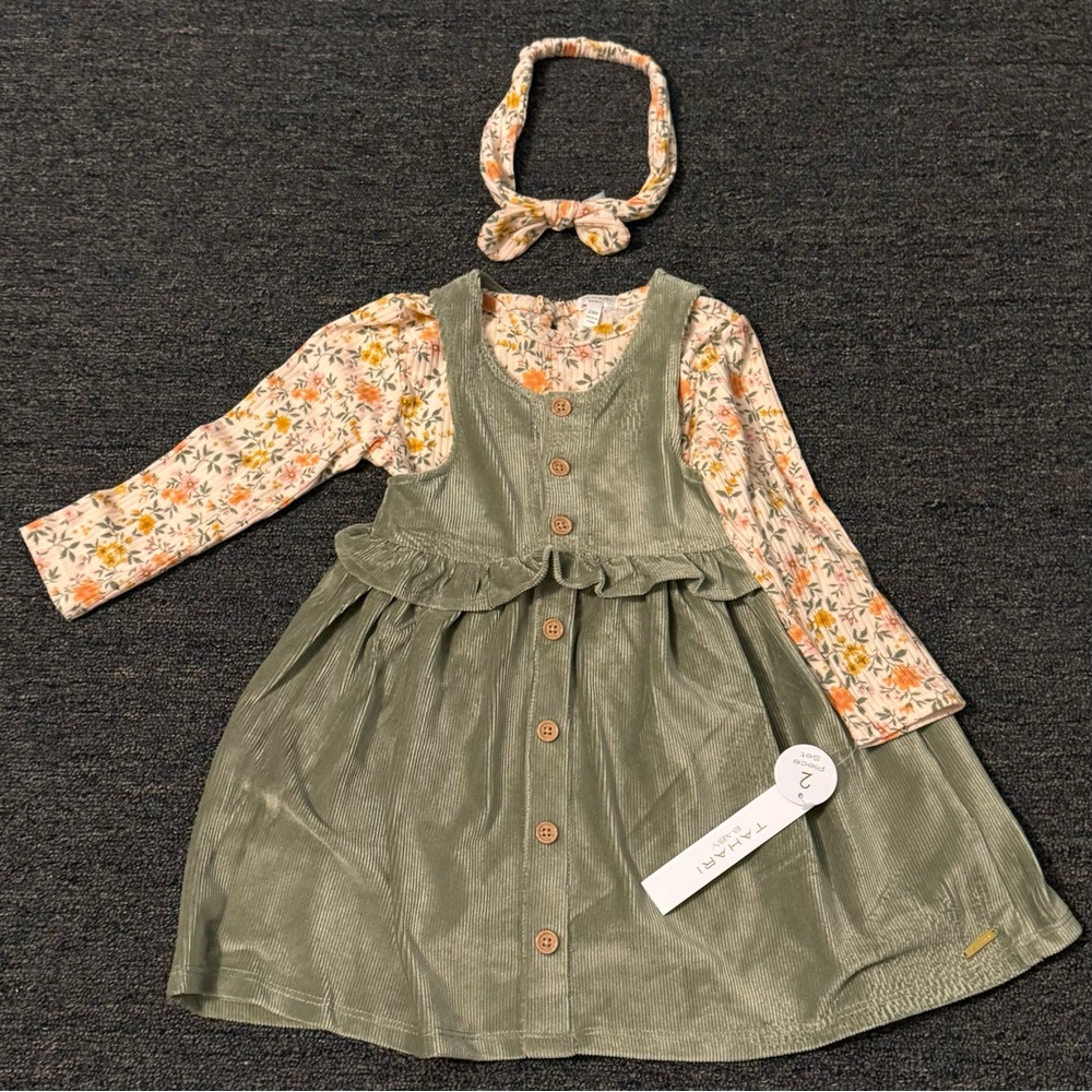 Tahati Baby Set Green Corduroy Dress Long Sleeve Floral Onesie Headband Size 24m